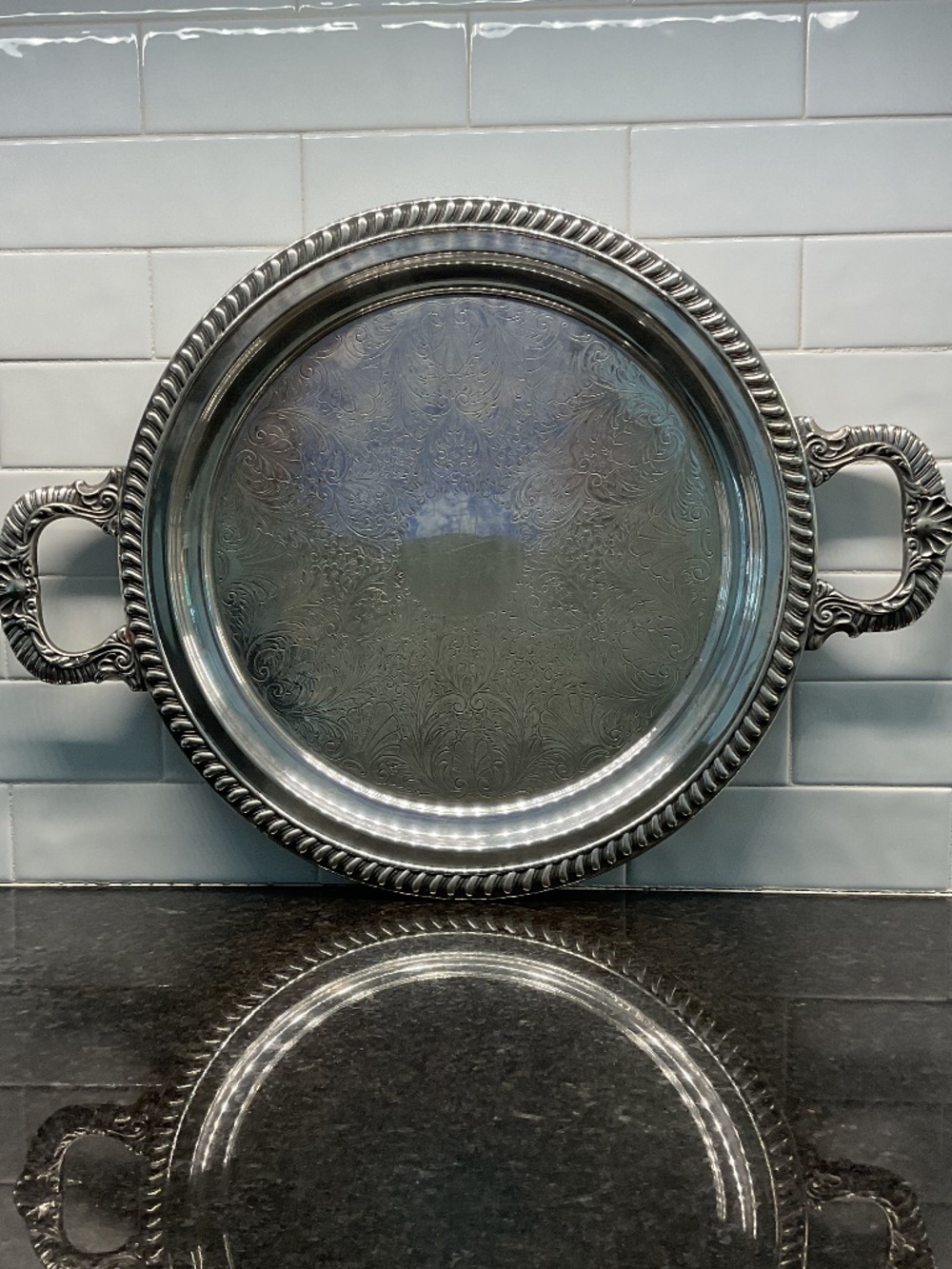 Silver On Copper Round Tray With Handles